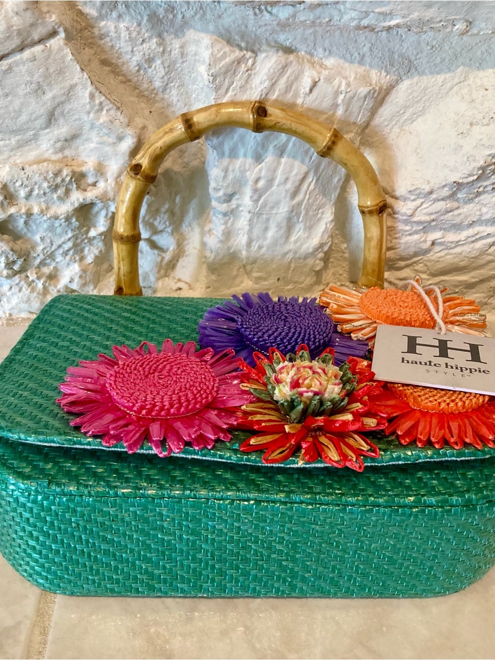 NWT Haute Hippie Green Straw Top-Handle Tote with Multicolor Floral Accents - Picture 8 of 10